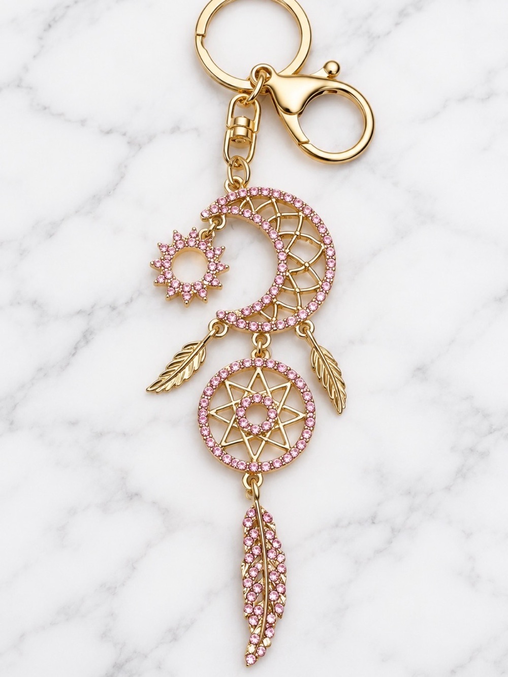 Pink Dreamcatcher Bag Charm/Keyring With Feather & Moon Accents-Gold Hardware